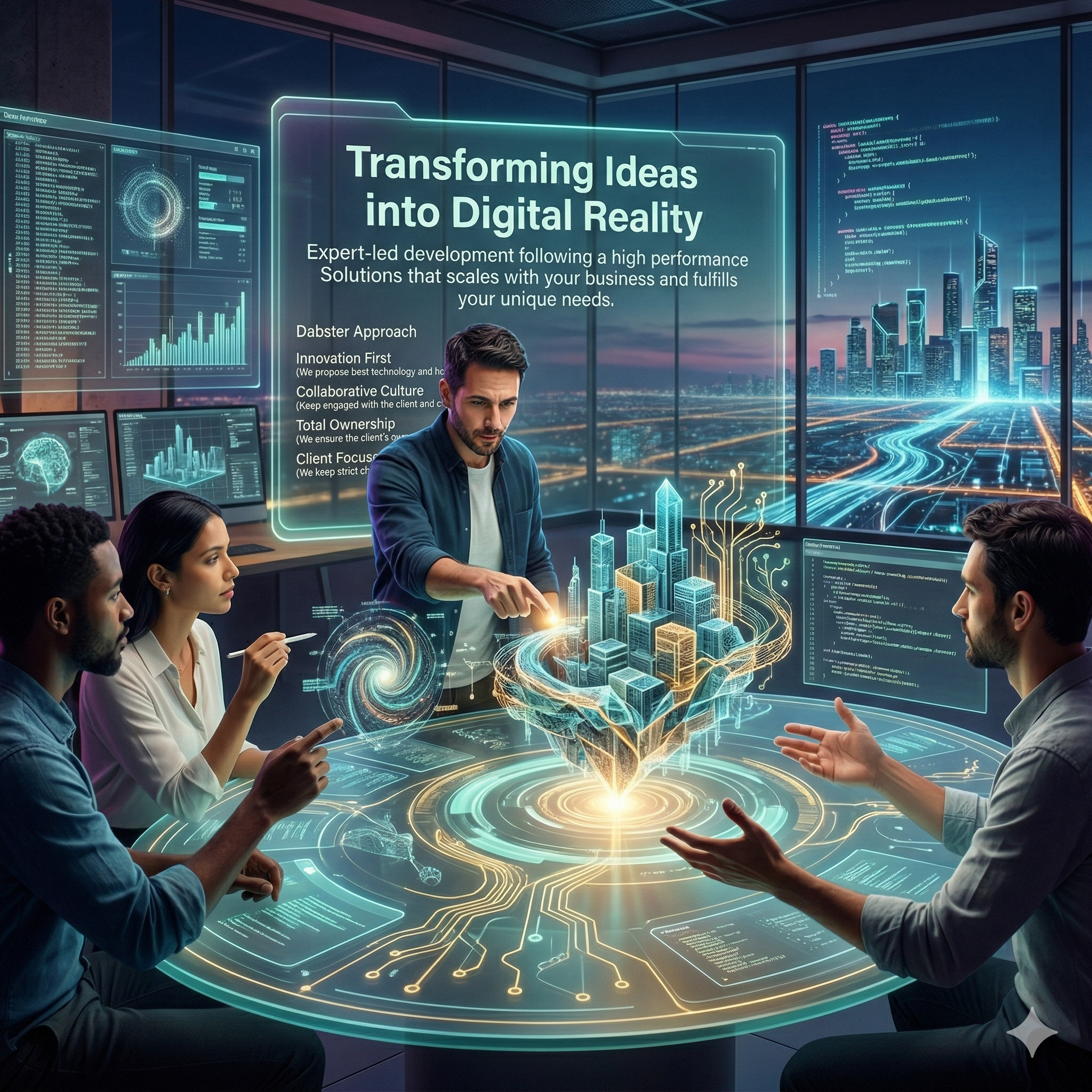 Modern tech team collaborating on software architecture